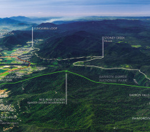 Arial photo showing the path of Skyrail and Kuranda Scenic Rail between Cairns & Kuranda